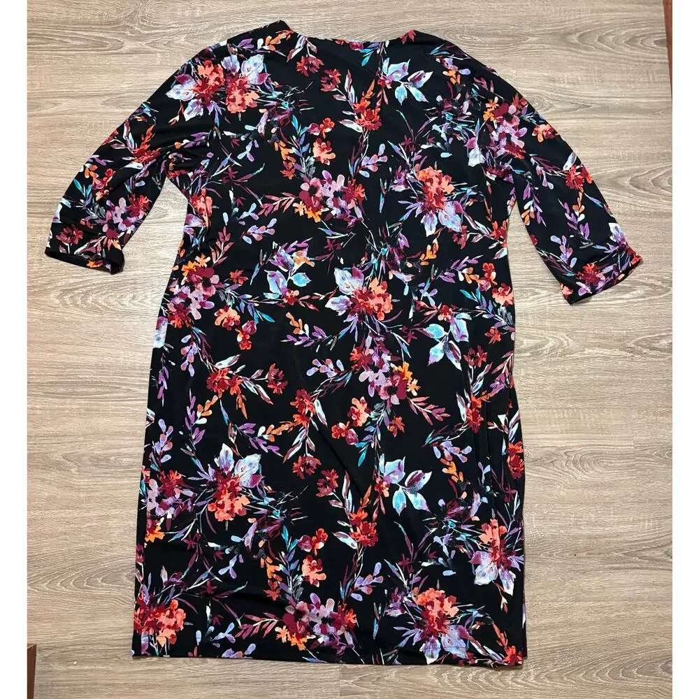 Chico’s NWT Floral Faux Wrap Dress Sz 4 (20-22) Black Multicolor 3/4 Sleeve - Picture 4 of 7